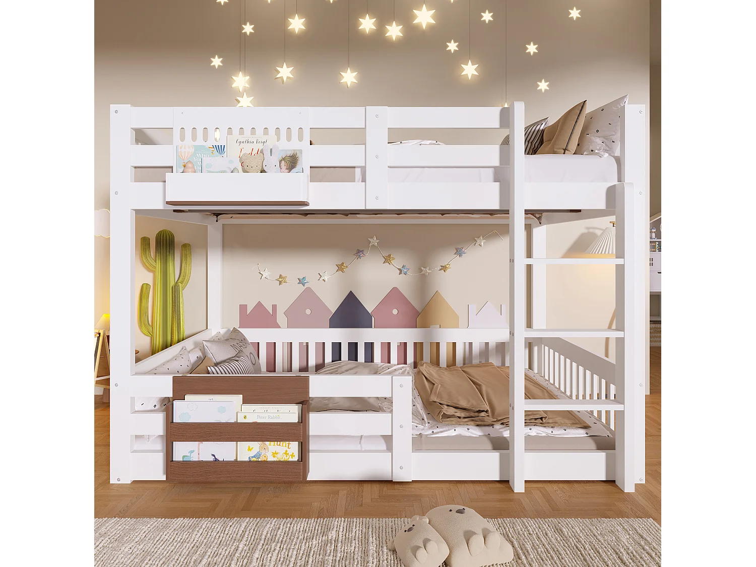 Lit superposé 140x200 cm - avec compartiments de rangement - avec barrières de sécurité - avec échelle - blanc (matelas non inclus)