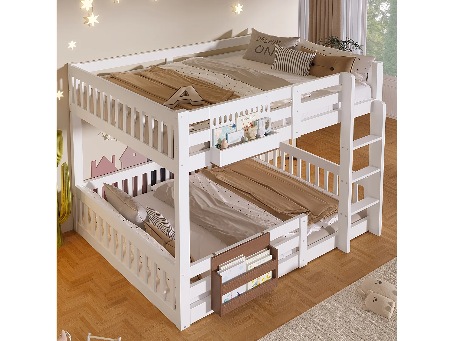 Lit superposé 140x200 cm - avec compartiments de rangement - avec barrières de sécurité - avec échelle - blanc (matelas non inclus)
