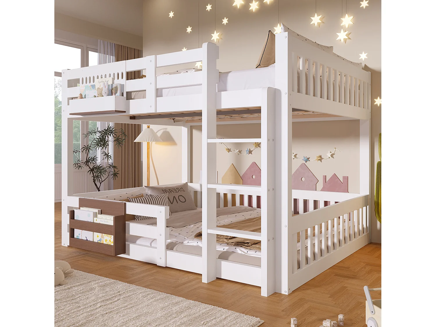 Lit superposé 140x200 cm - avec compartiments de rangement - avec barrières de sécurité - avec échelle - blanc (matelas non inclus)