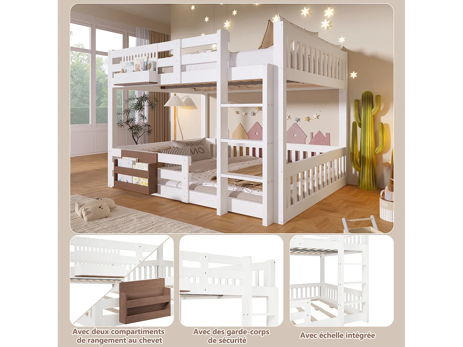 Lit superposé 140x200 cm - avec compartiments de rangement - avec barrières de sécurité - avec échelle - blanc (matelas non inclus)