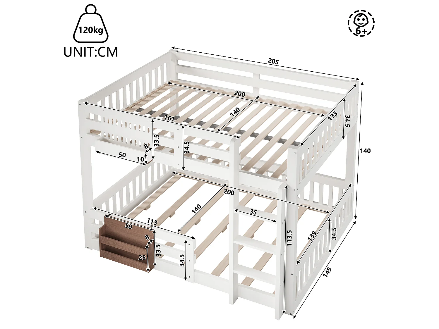 Lit superposé 140x200 cm - avec compartiments de rangement - avec barrières de sécurité - avec échelle - blanc (matelas non inclus)