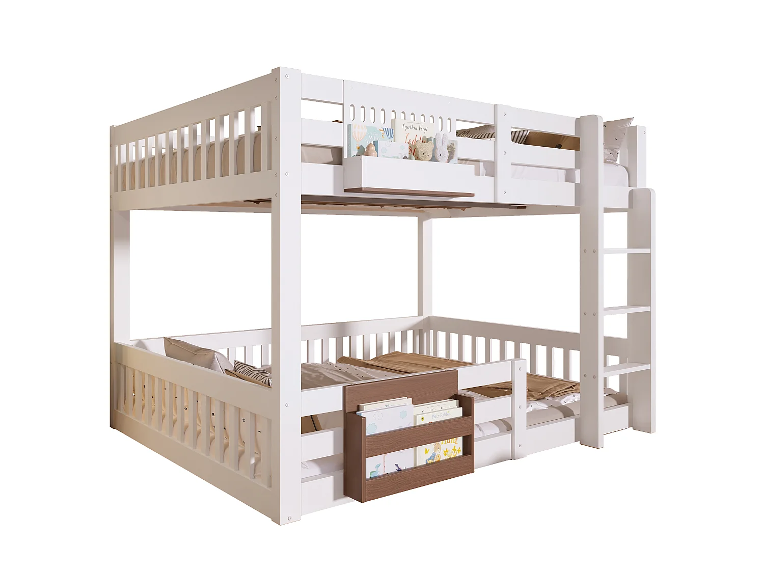 Lit superposé 140x200 cm - avec compartiments de rangement - avec barrières de sécurité - avec échelle - blanc (matelas non inclus)