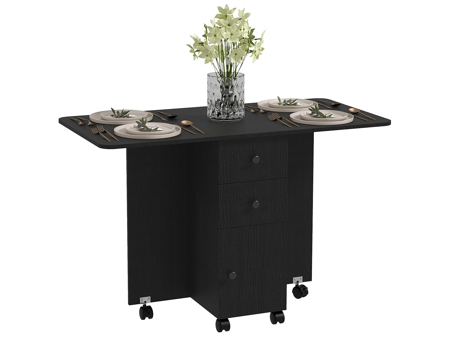Midile Distressed Black Drop Leaf Dining Table with Storage Seats 4 6