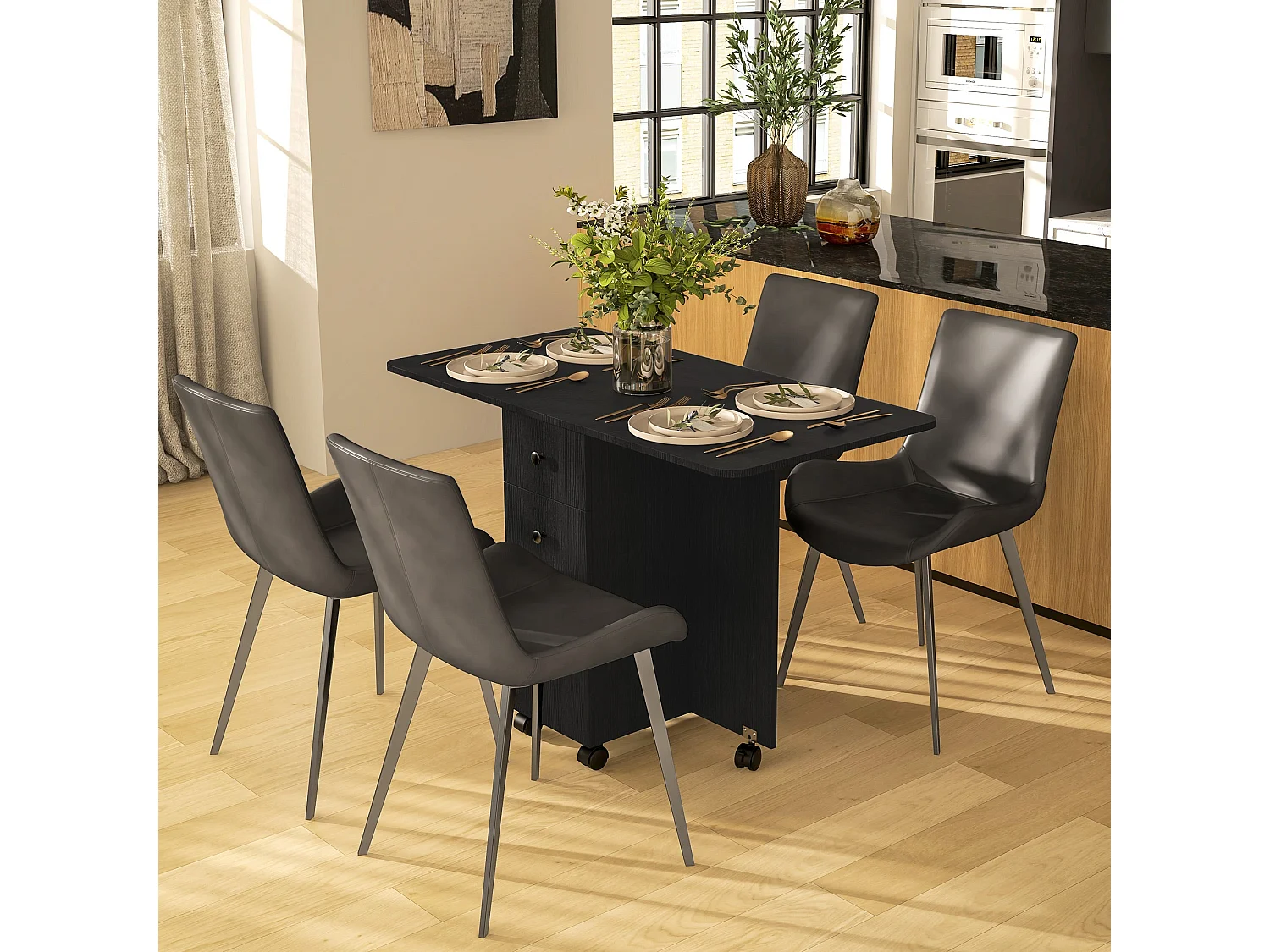 Midile Distressed Black Drop Leaf Dining Table with Storage Seats 4 6