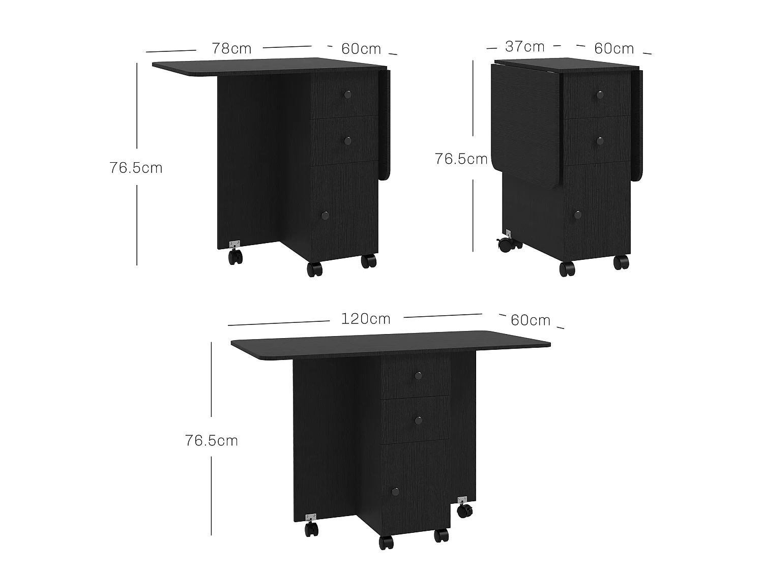 Midile Distressed Black Drop Leaf Dining Table with Storage Seats 4 6