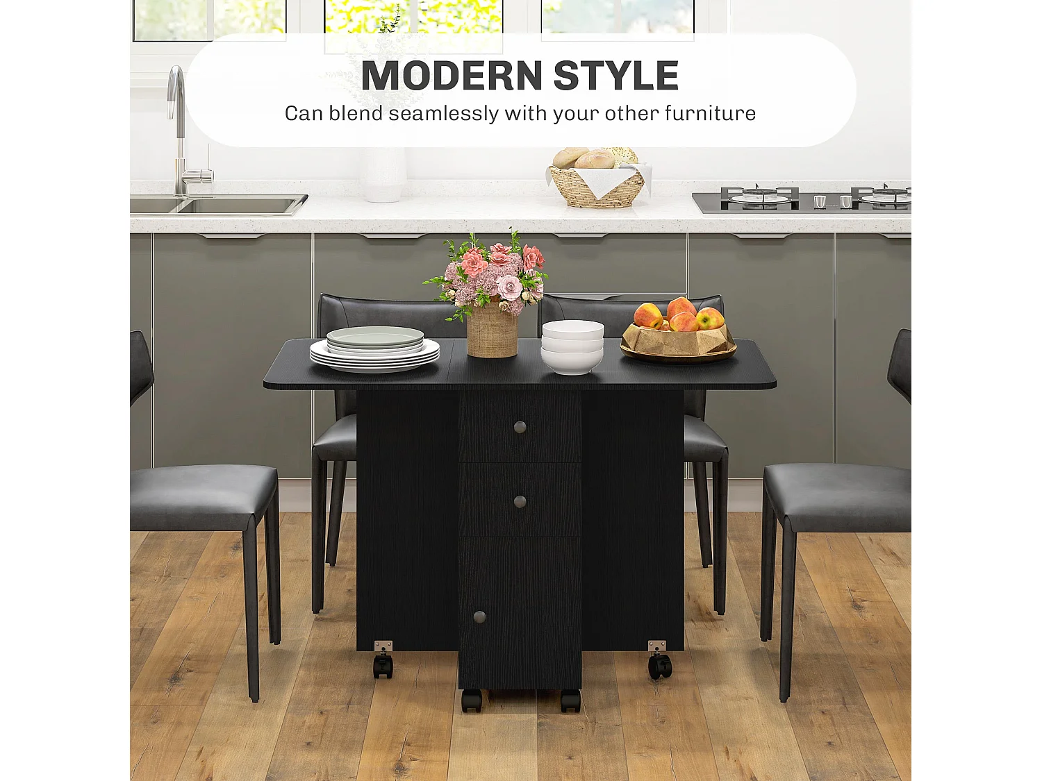 Midile Distressed Black Drop Leaf Dining Table with Storage Seats 4 6