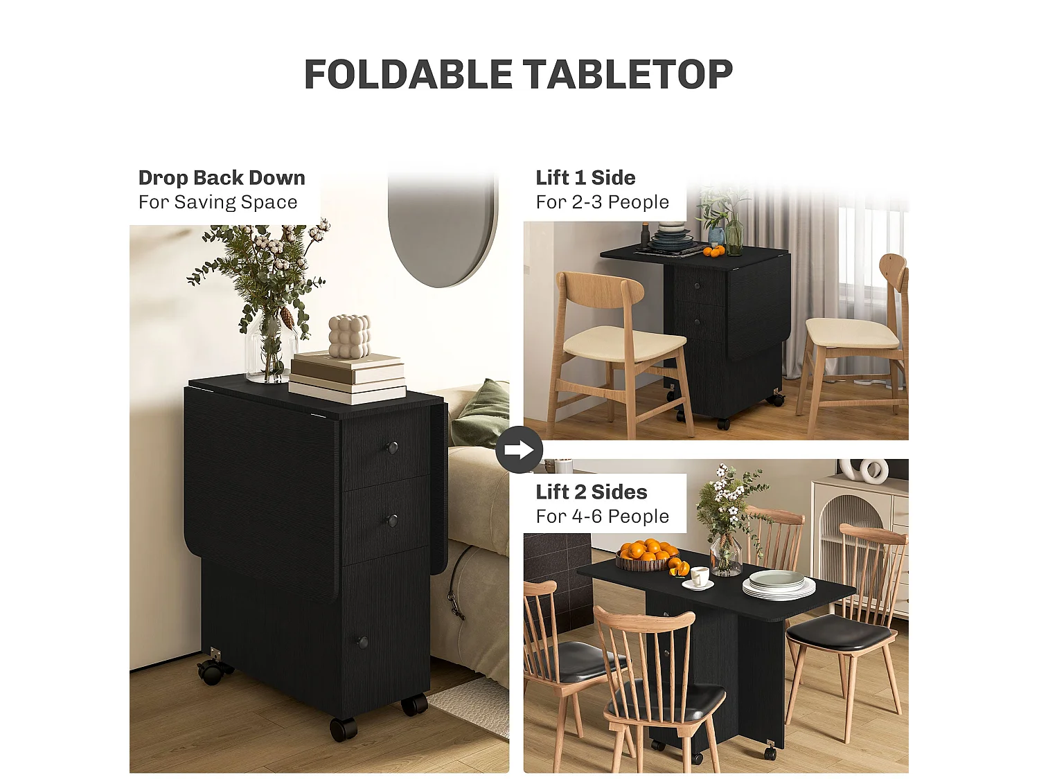 Midile Distressed Black Drop Leaf Dining Table with Storage Seats 4 6