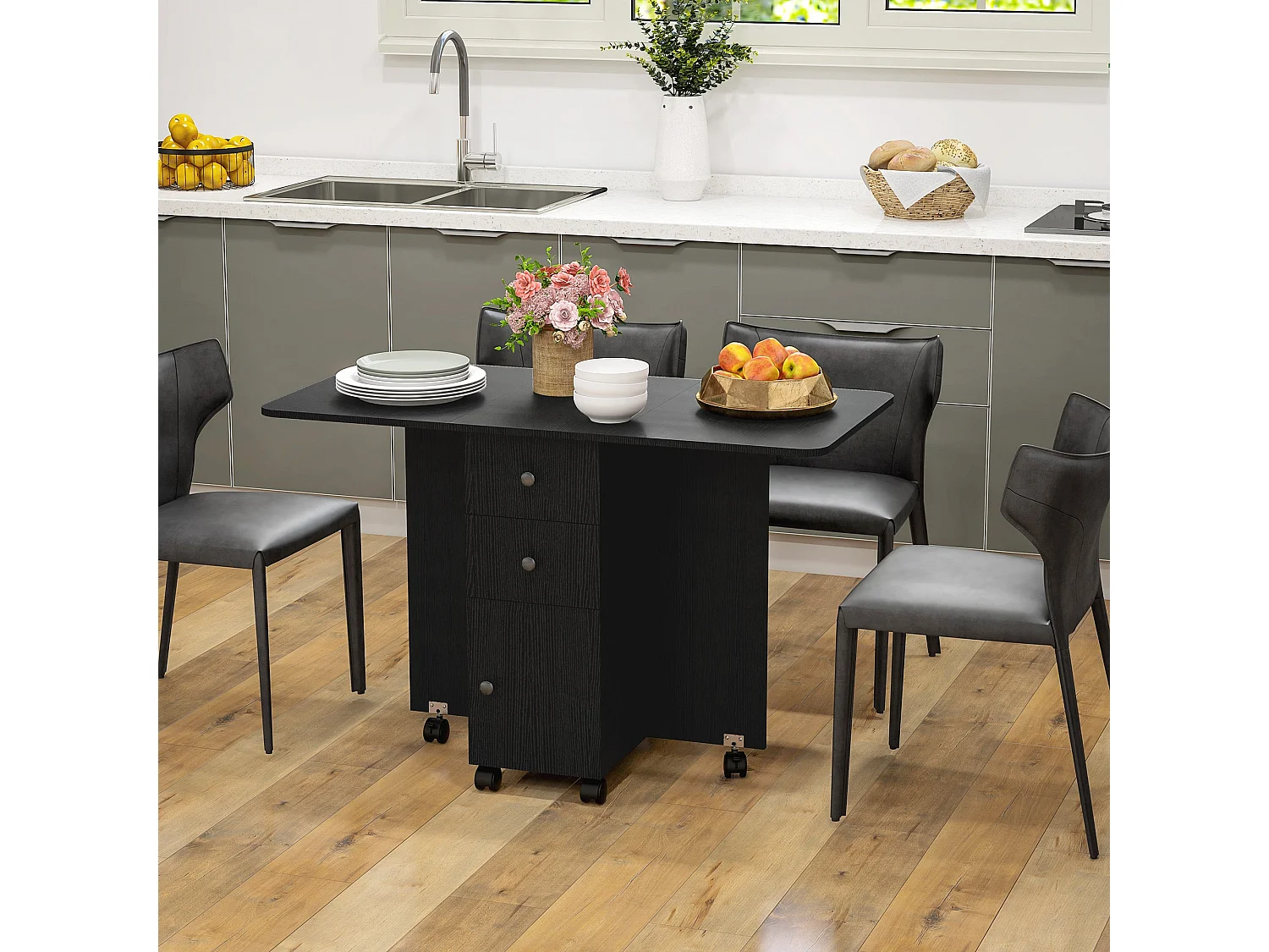 Midile Distressed Black Drop Leaf Dining Table with Storage Seats 4 6