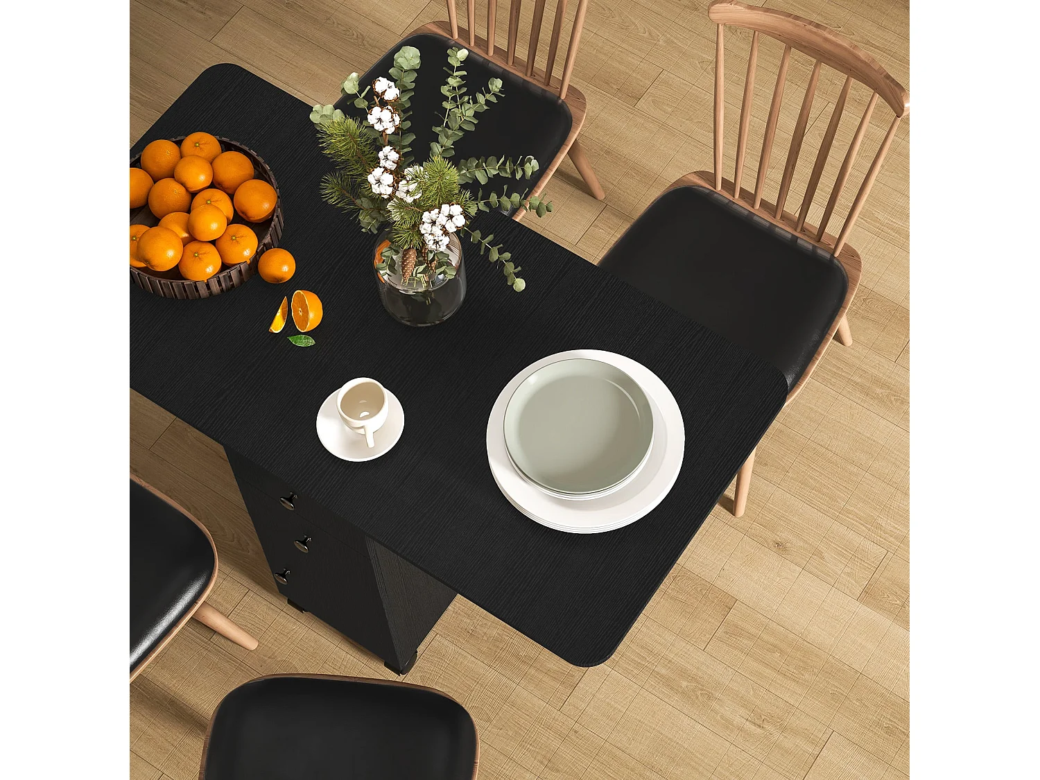 Midile Distressed Black Drop Leaf Dining Table with Storage Seats 4 6