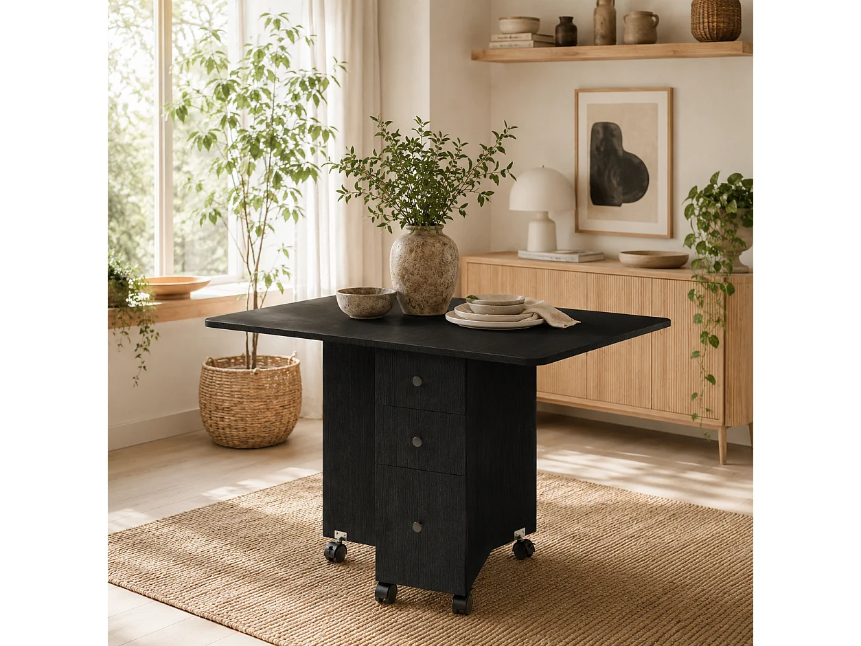 Midile Distressed Black Drop Leaf Dining Table with Storage Seats 4 6