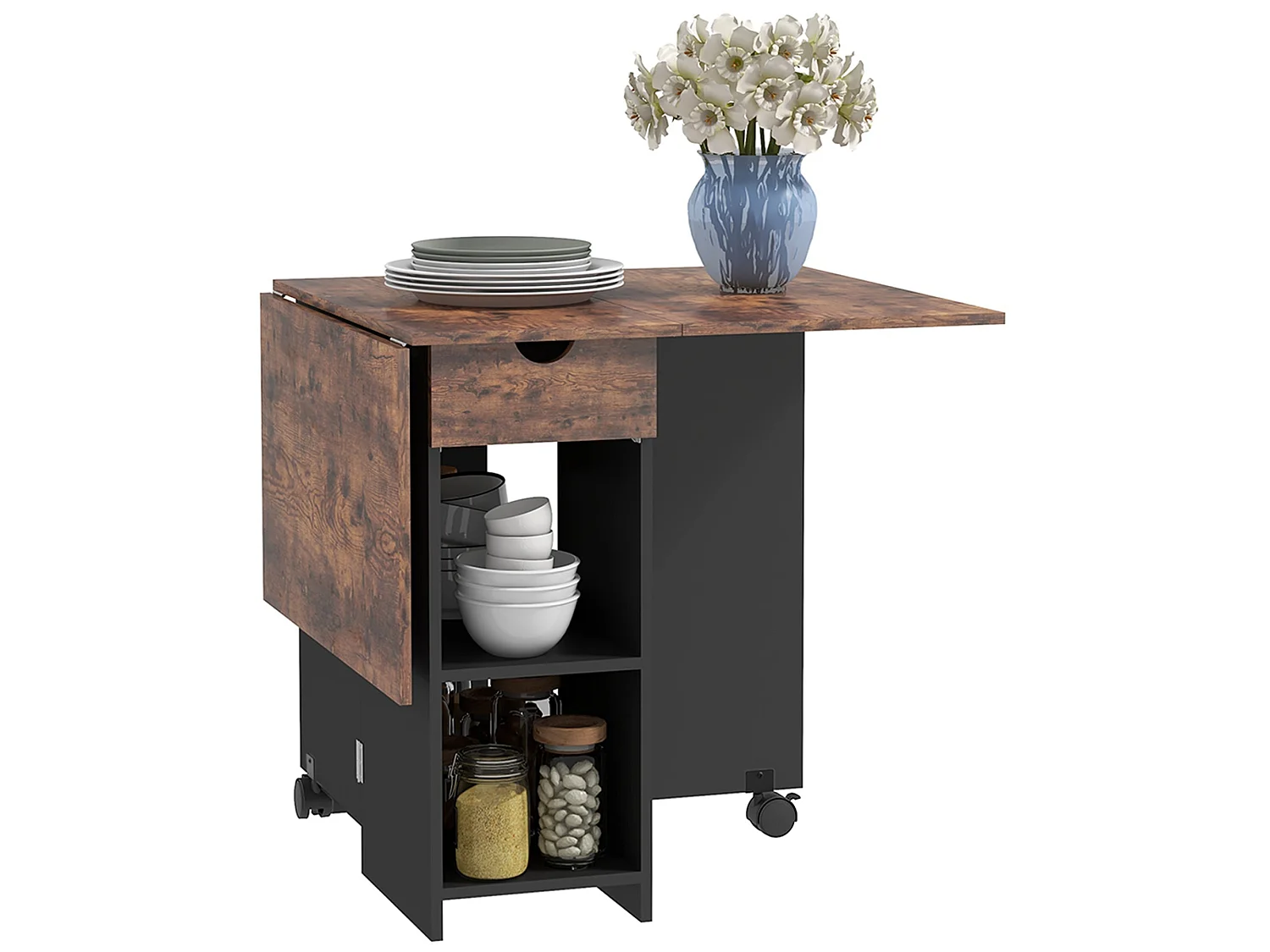Barretti Rustic Brown Folding Drop Leaf Dining Table With Drawer And Storage Shelves