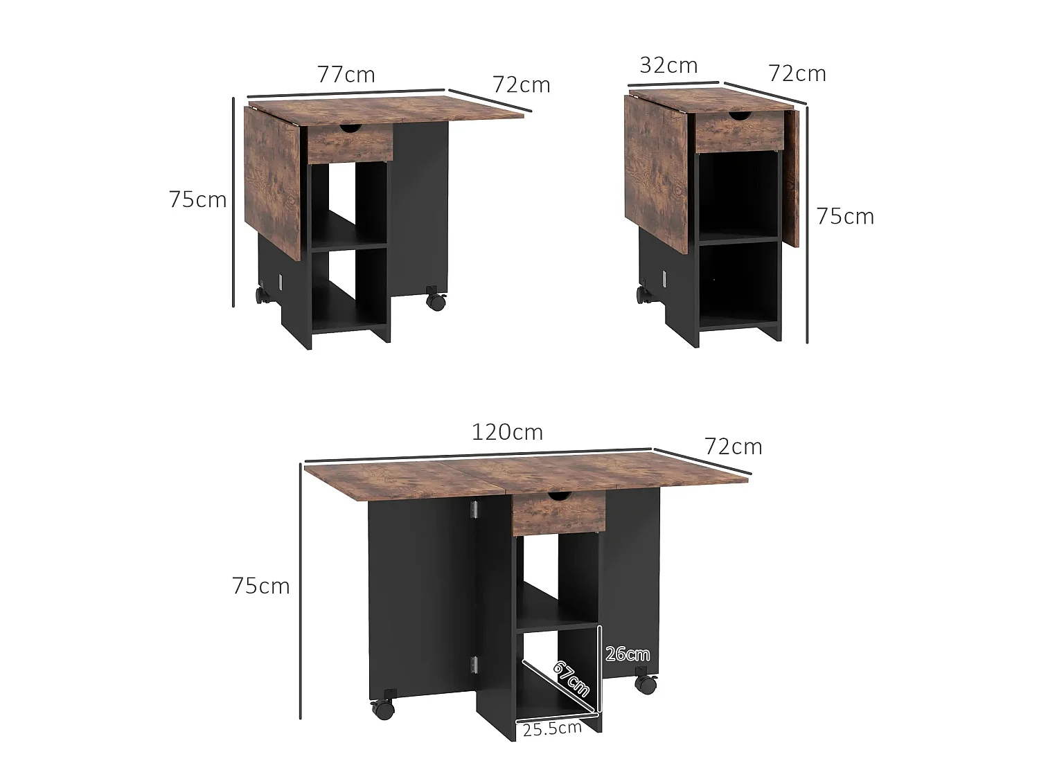Barretti Rustic Brown Folding Drop Leaf Dining Table With Drawer And Storage Shelves