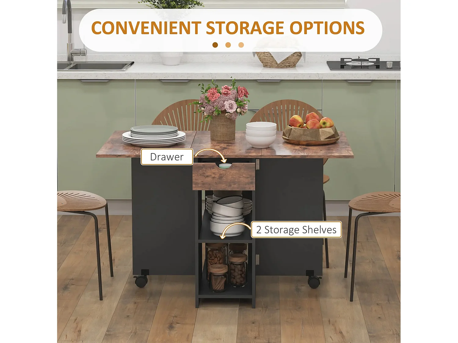 Barretti Rustic Brown Folding Drop Leaf Dining Table With Drawer And Storage Shelves