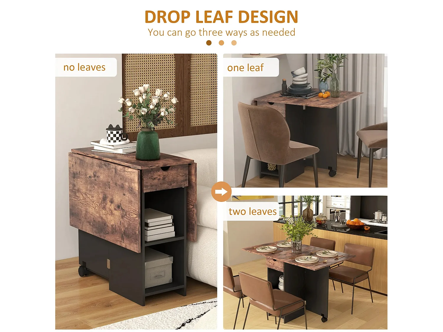 Barretti Rustic Brown Folding Drop Leaf Dining Table With Drawer And Storage Shelves