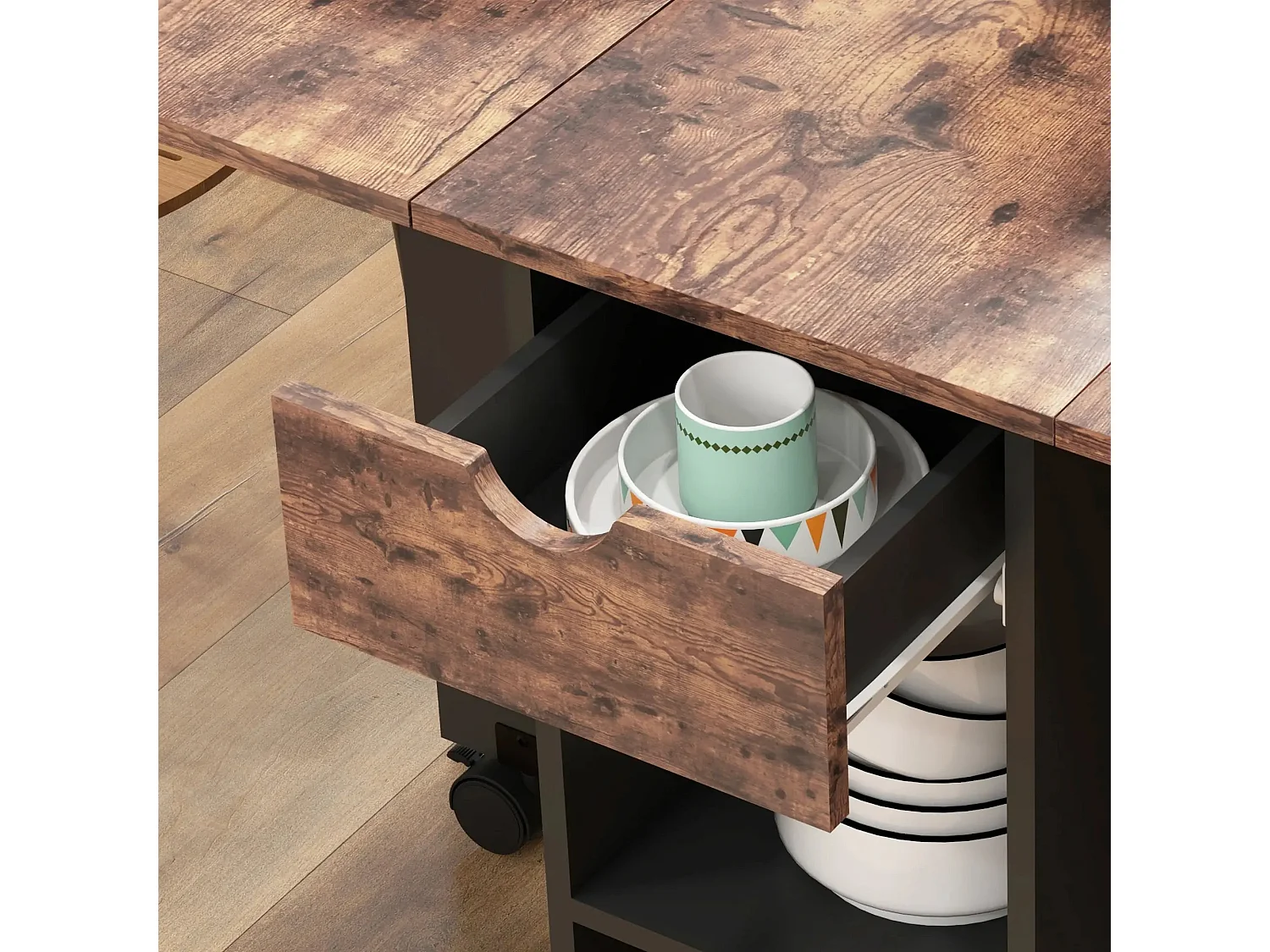 Barretti Rustic Brown Folding Drop Leaf Dining Table With Drawer And Storage Shelves