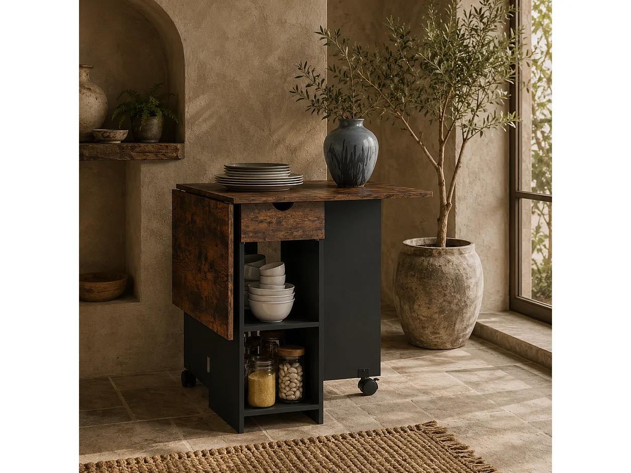 Barretti Rustic Brown Folding Drop Leaf Dining Table With Drawer And Storage Shelves