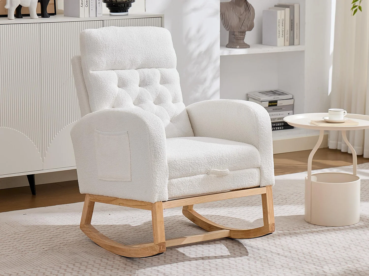 Rocking armchair in soft plush fabric - adjustable footrest and side pockets - 65,6x123x102 cm - wooden legs - white