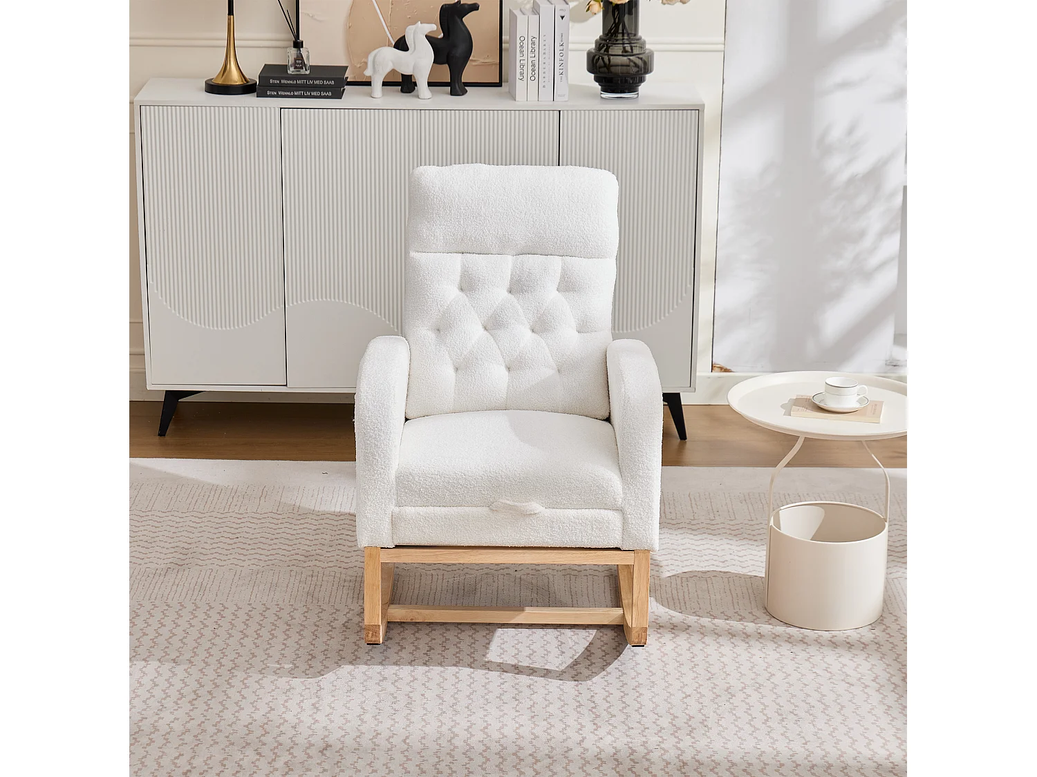 Rocking armchair in soft plush fabric - adjustable footrest and side pockets - 65,6x123x102 cm - wooden legs - white