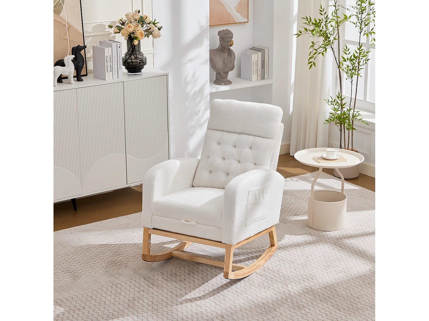 Rocking armchair in soft plush fabric - adjustable footrest and side pockets - 65,6x123x102 cm - wooden legs - white