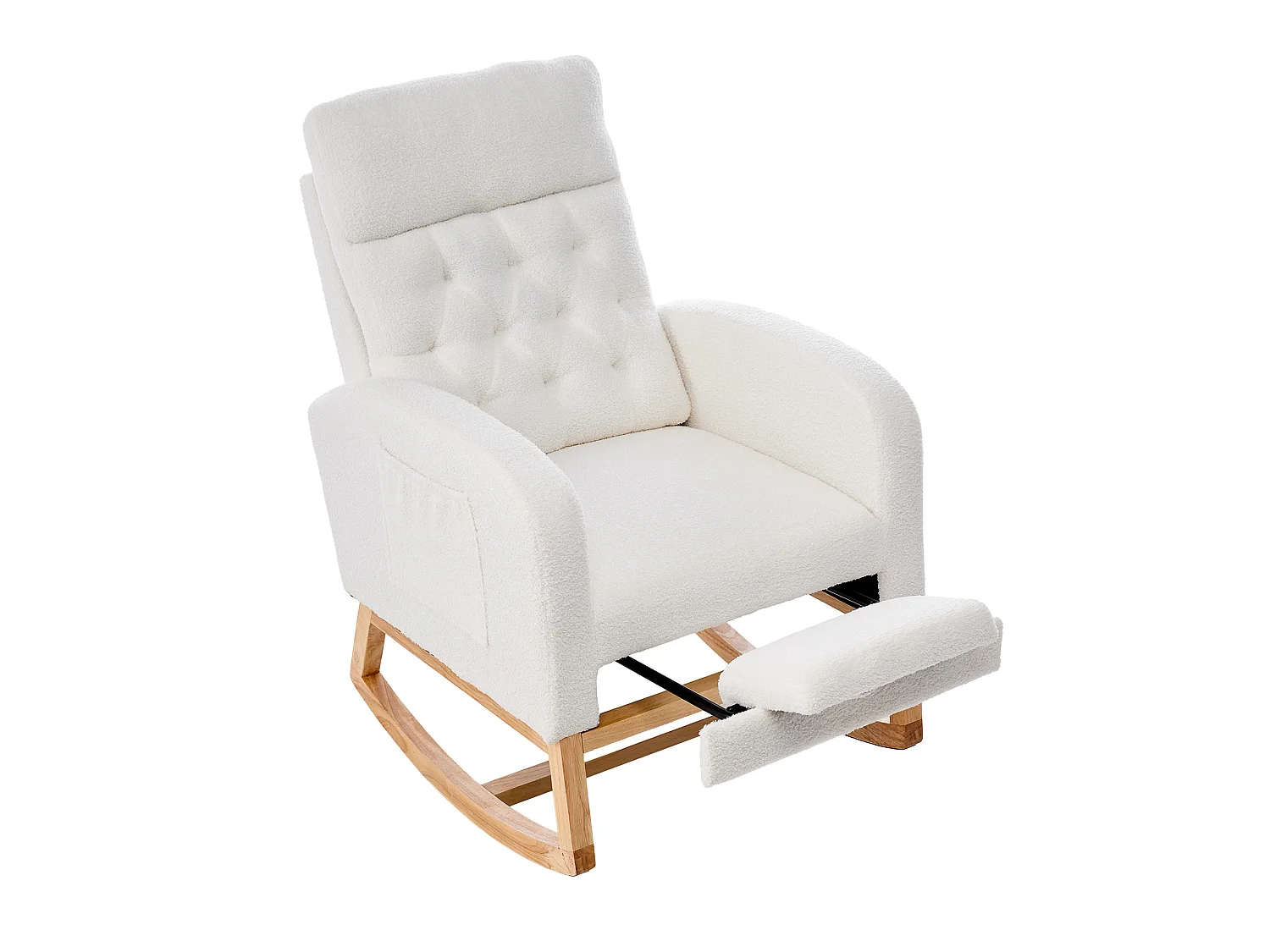 Rocking armchair in soft plush fabric - adjustable footrest and side pockets - 65,6x123x102 cm - wooden legs - white