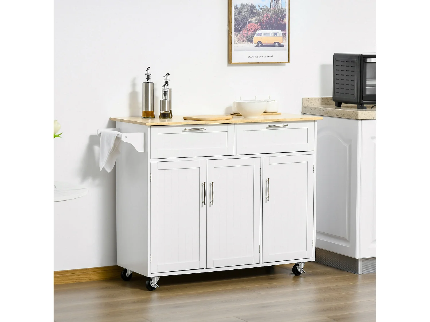 Nave White Wooden Kitchen Island 2 Drawers 3 Doors