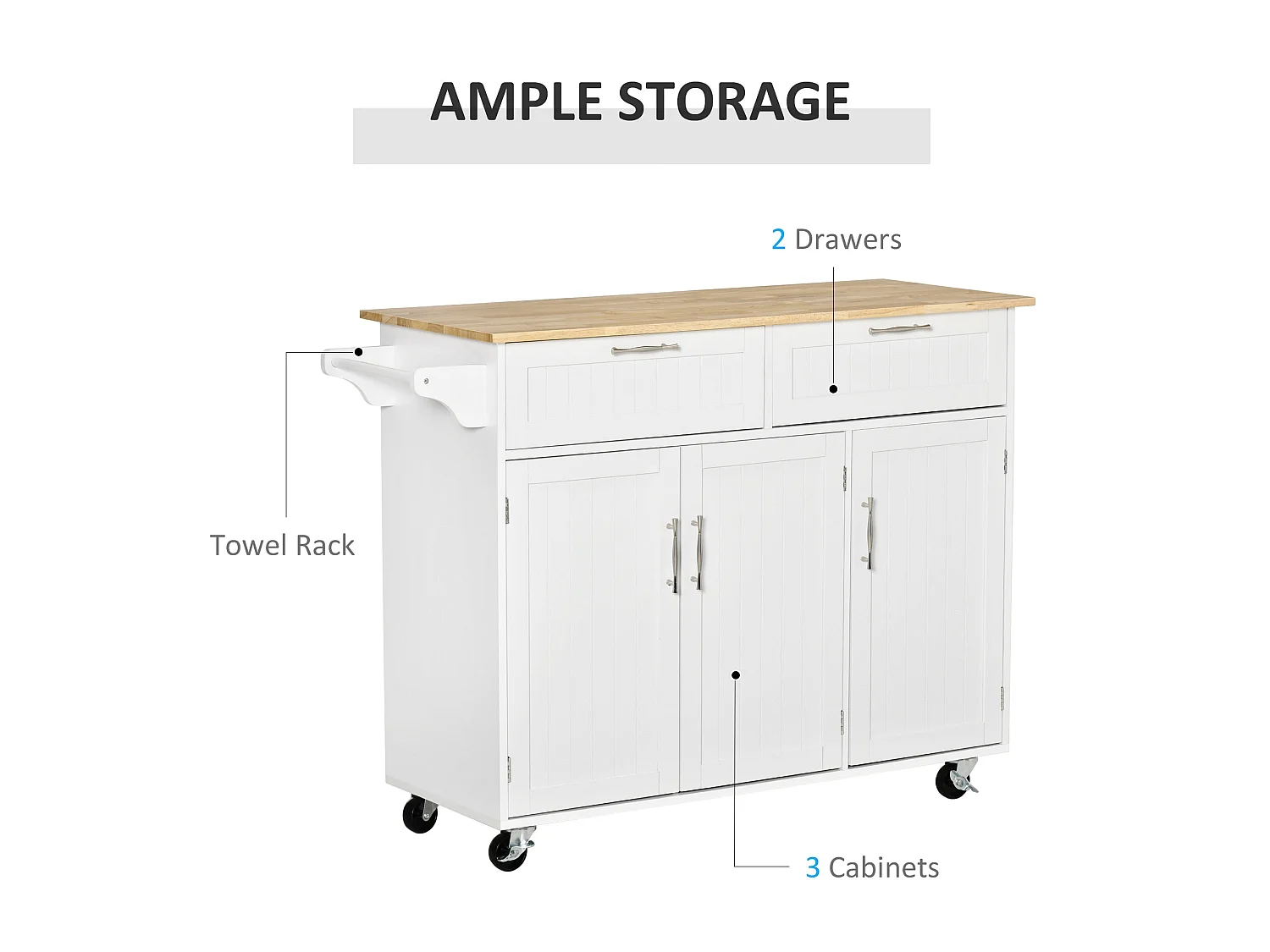 Nave White Wooden Kitchen Island 2 Drawers 3 Doors