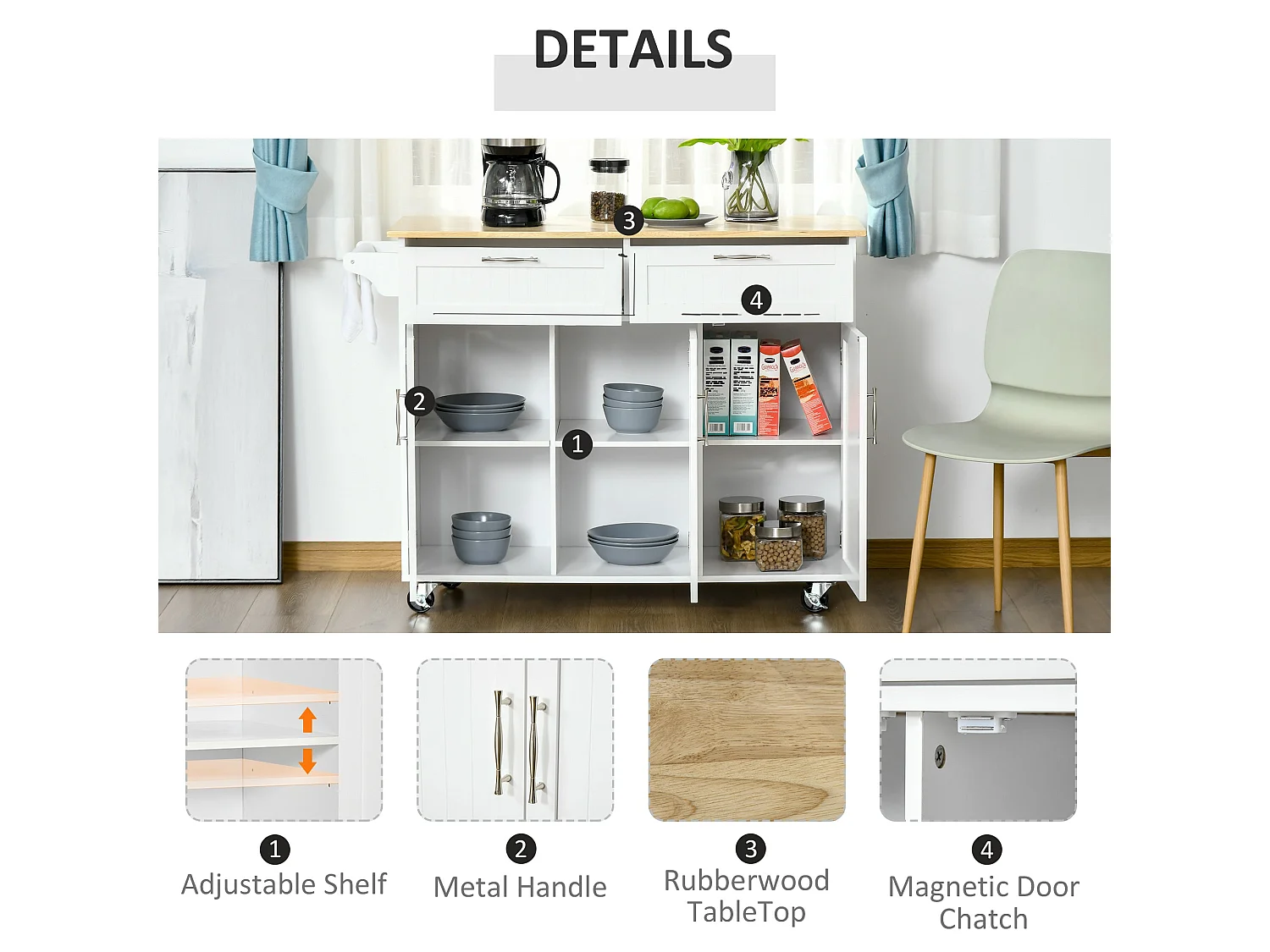 Nave White Wooden Kitchen Island 2 Drawers 3 Doors