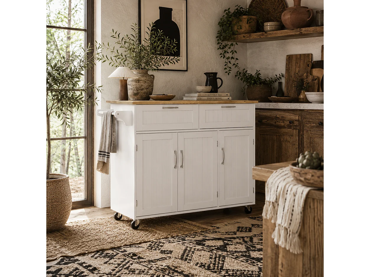 Nave White Wooden Kitchen Island 2 Drawers 3 Doors