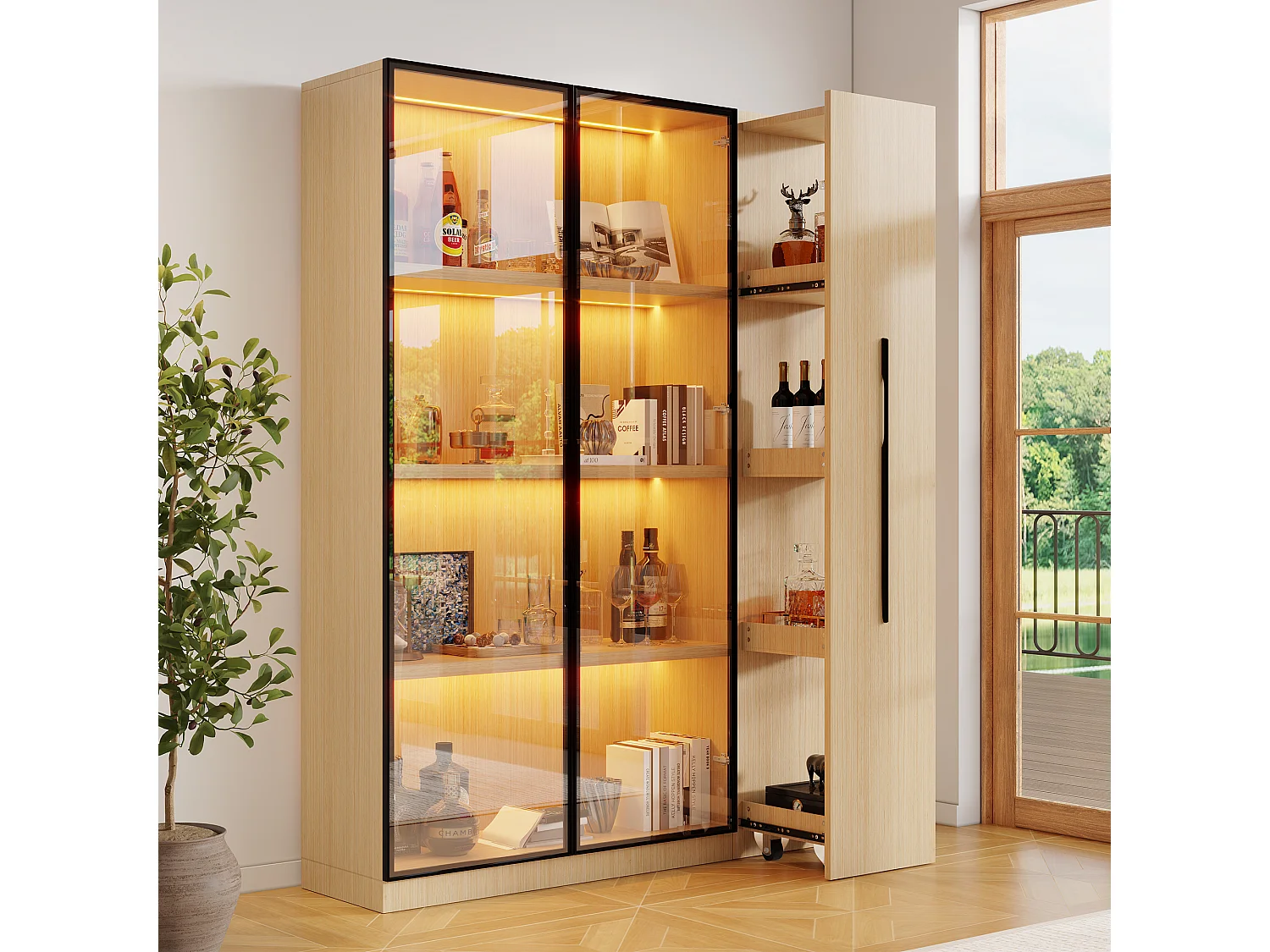 Vitrine de vidro 110 × 35 × 160 cm - iluminação LED - 4 portas de vidro e 1 gaveta lateral deslizante - MDF - branco