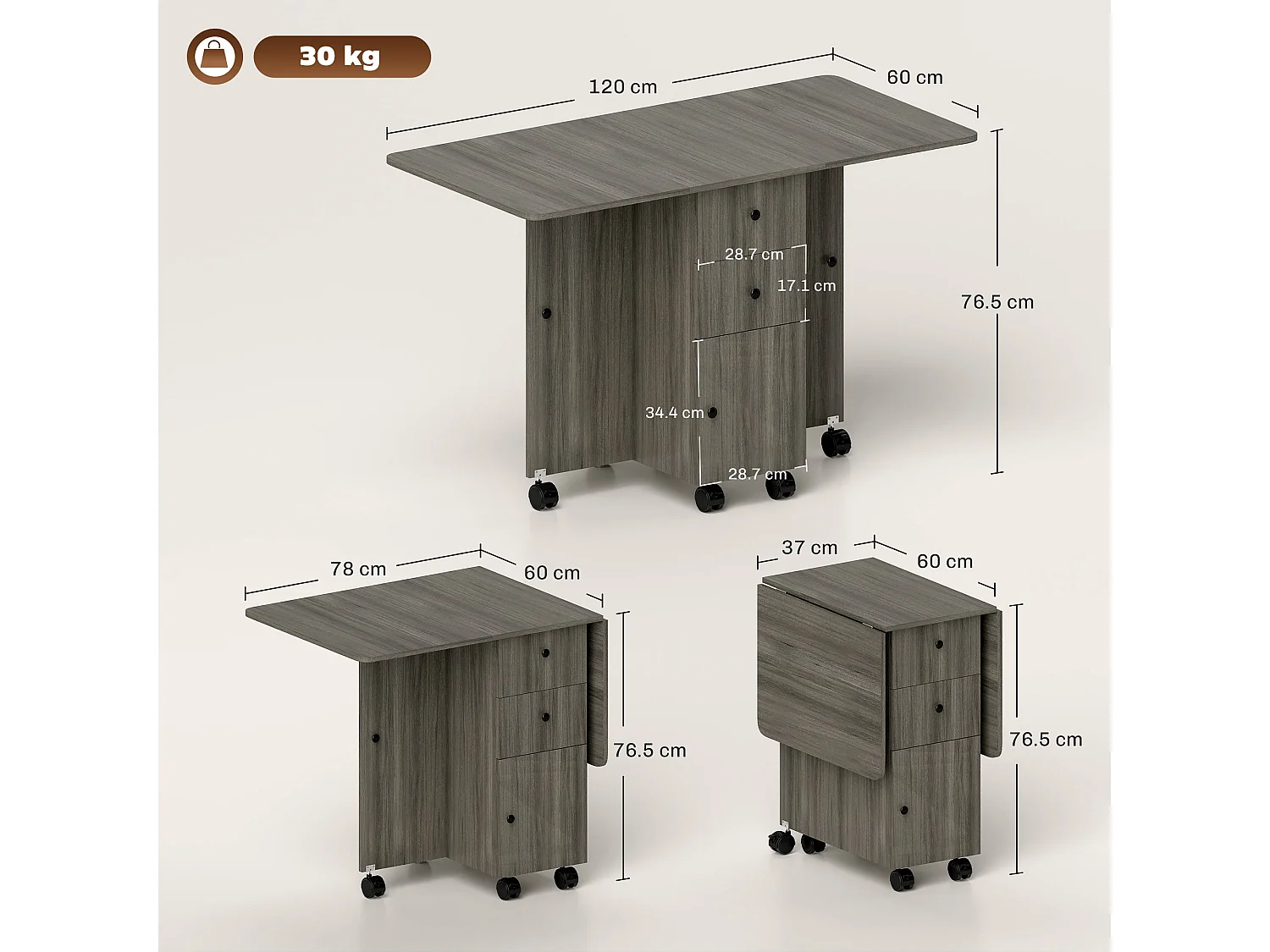 Todiralo Grey Drop Leaf Dining Table with Integrated Storage for 6