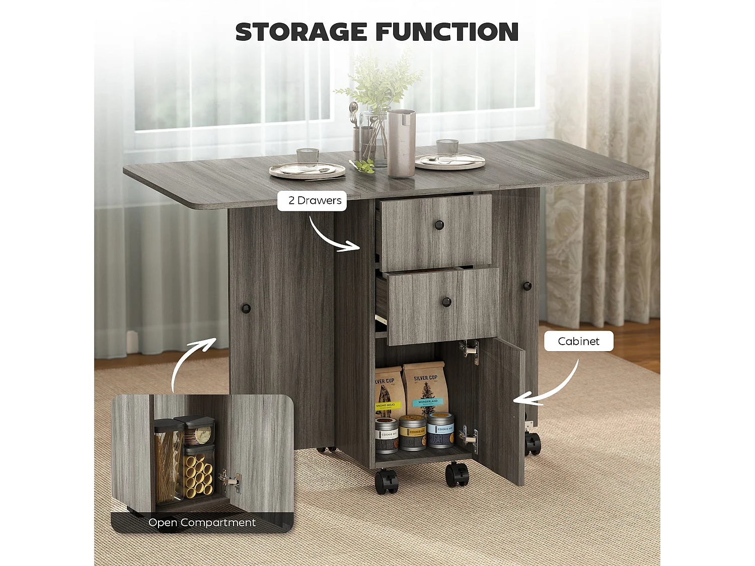 Todiralo Grey Drop Leaf Dining Table with Integrated Storage for 6