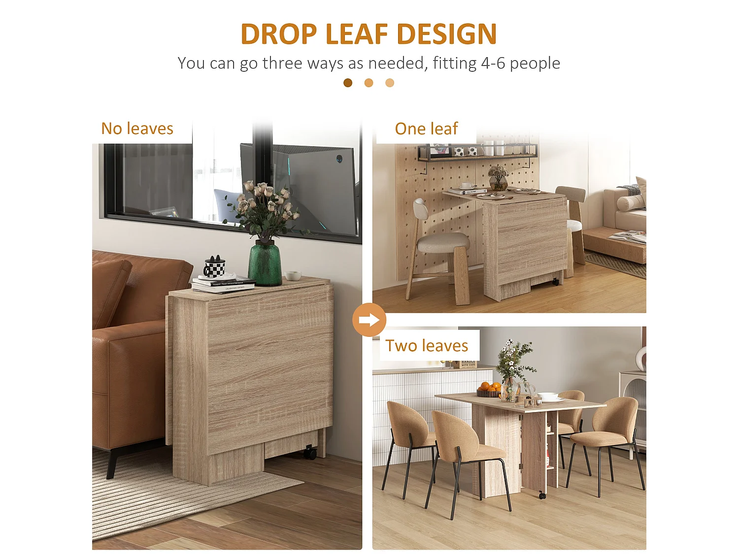 Vasufa Natural Wood Effect Drop Leaf Extendable Dining Table Seating 4 6 with Shelves and Wheels