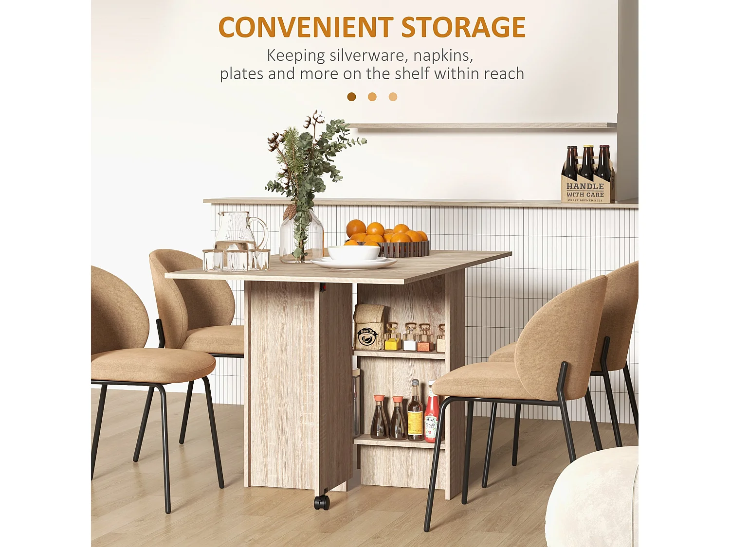Vasufa Natural Wood Effect Drop Leaf Extendable Dining Table Seating 4 6 with Shelves and Wheels