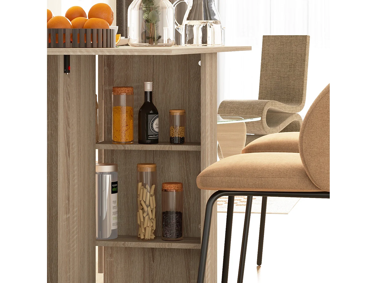 Vasufa Natural Wood Effect Drop Leaf Extendable Dining Table Seating 4 6 with Shelves and Wheels