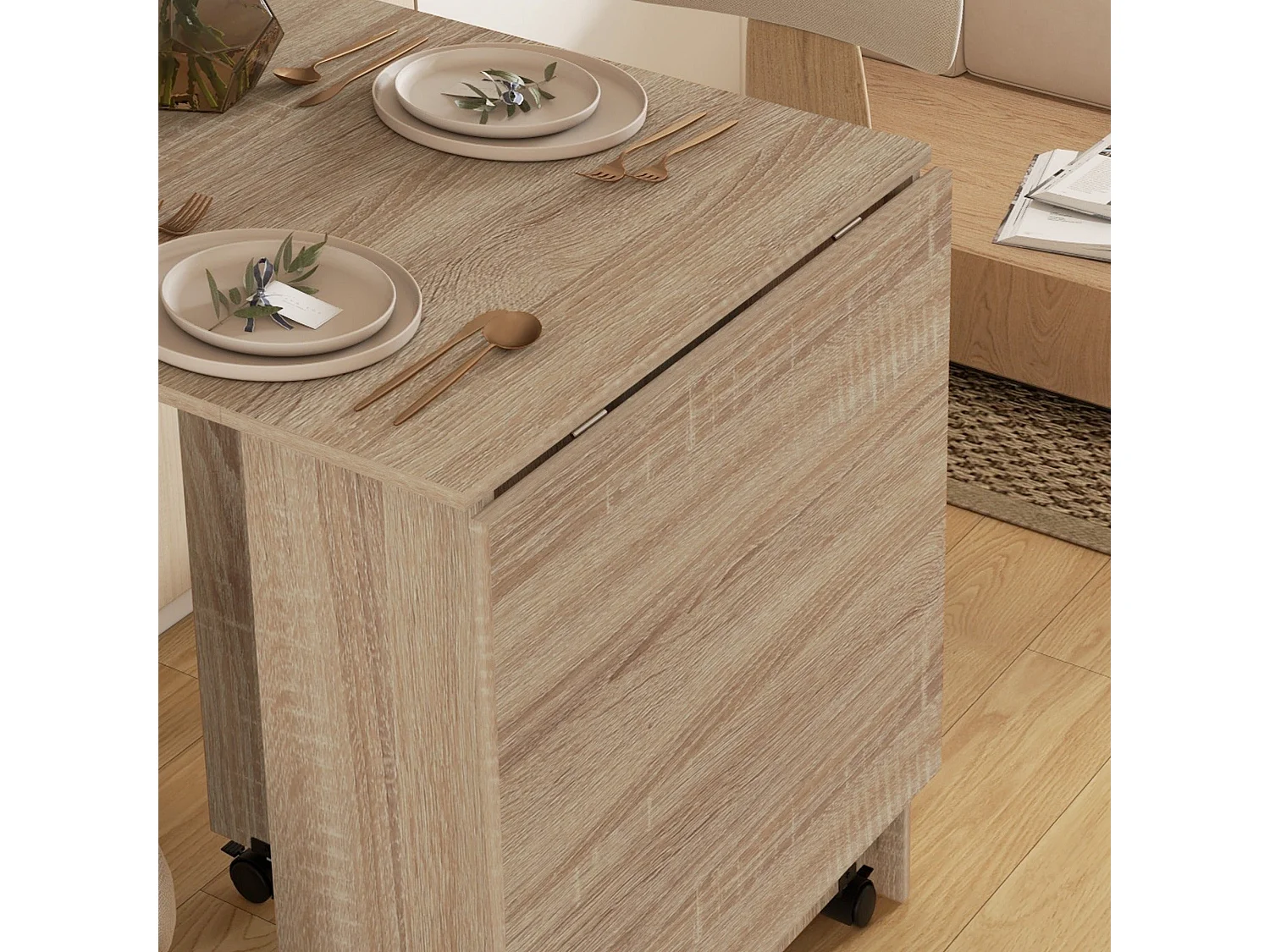 Vasufa Natural Wood Effect Drop Leaf Extendable Dining Table Seating 4 6 with Shelves and Wheels