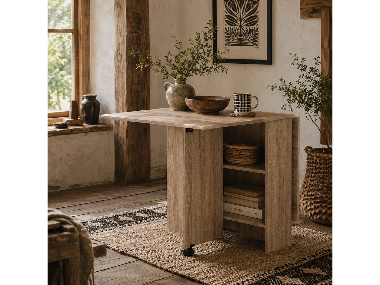 Vasufa Natural Wood Effect Drop Leaf Extendable Dining Table Seating 4 6 with Shelves and Wheels