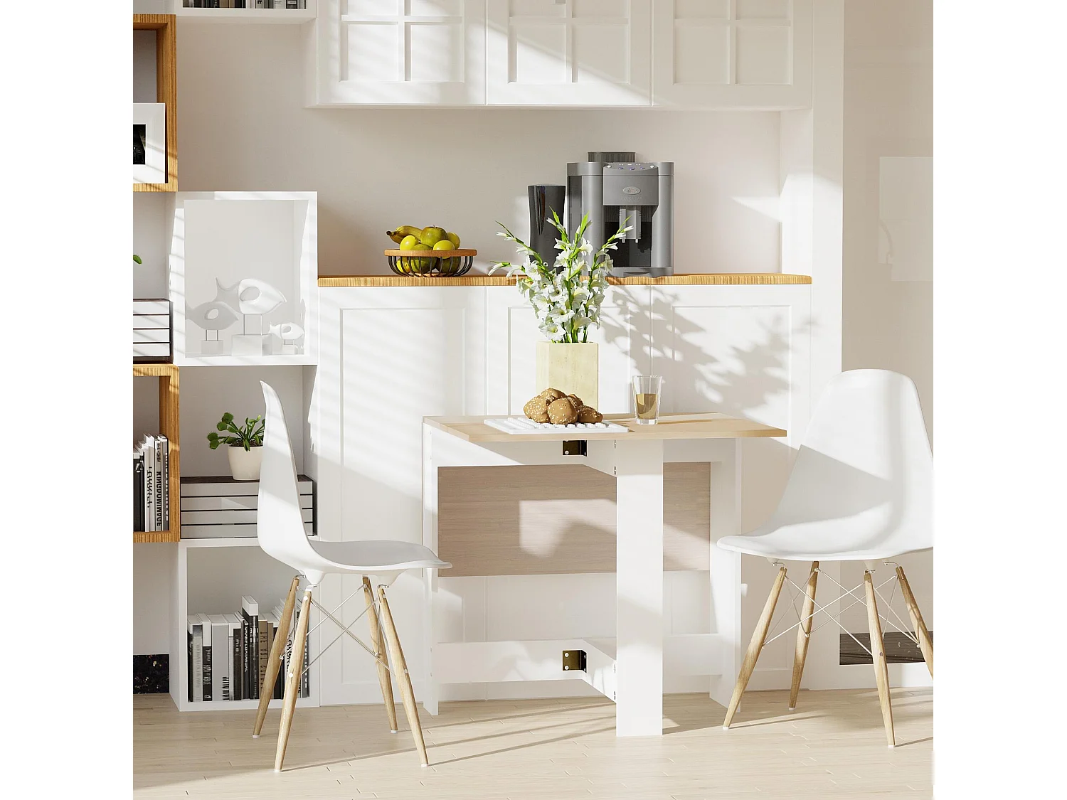 Elma Oak and White Drop Leaf Dining Table Extends from Console to 4–6 Seats