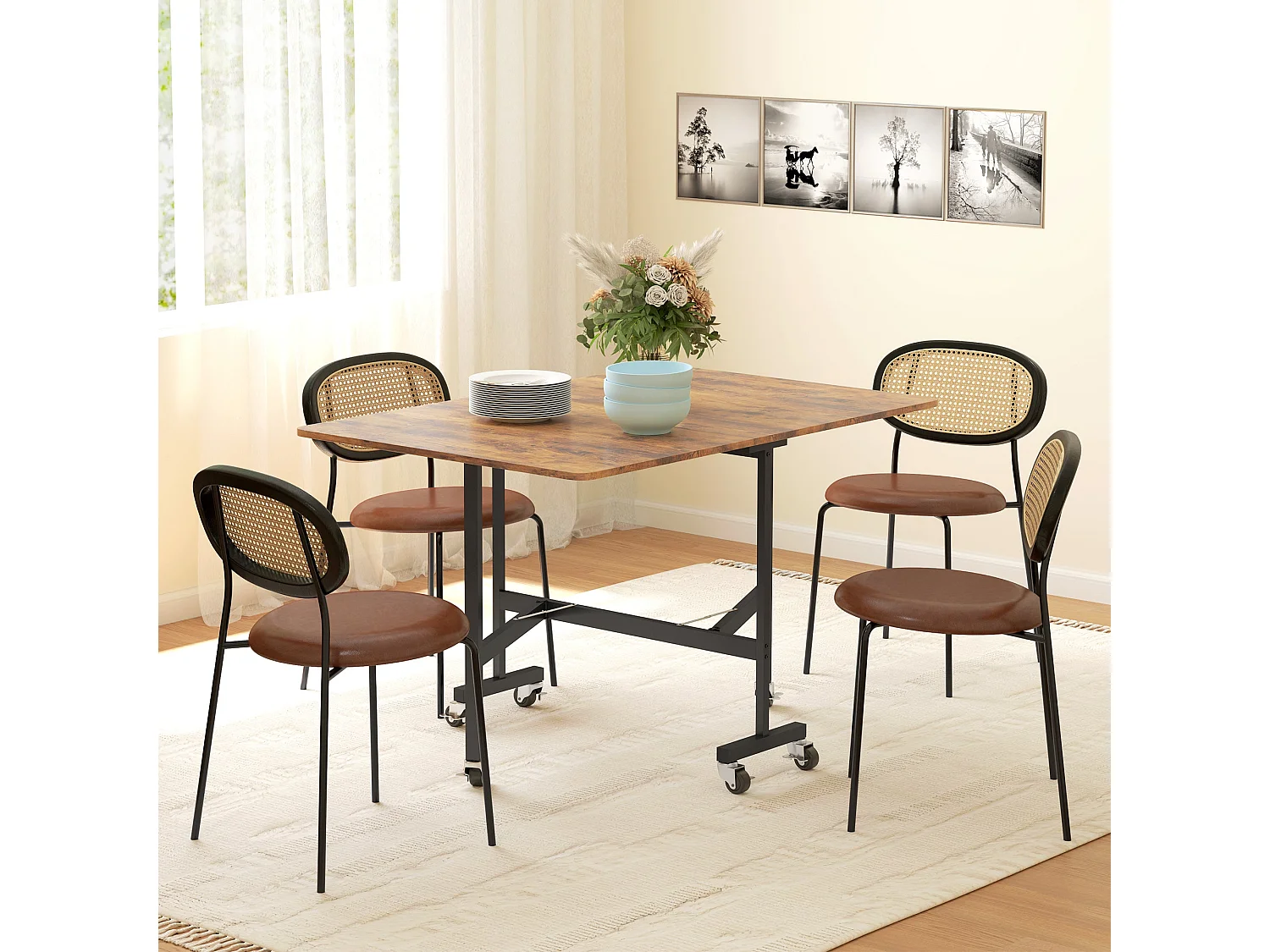Maro Rustic Brown Wood Effect Drop Leaf Dining Table with Wheels Seats 6