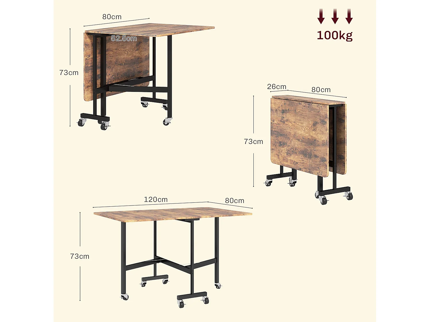 Maro Rustic Brown Wood Effect Drop Leaf Dining Table with Wheels Seats 6