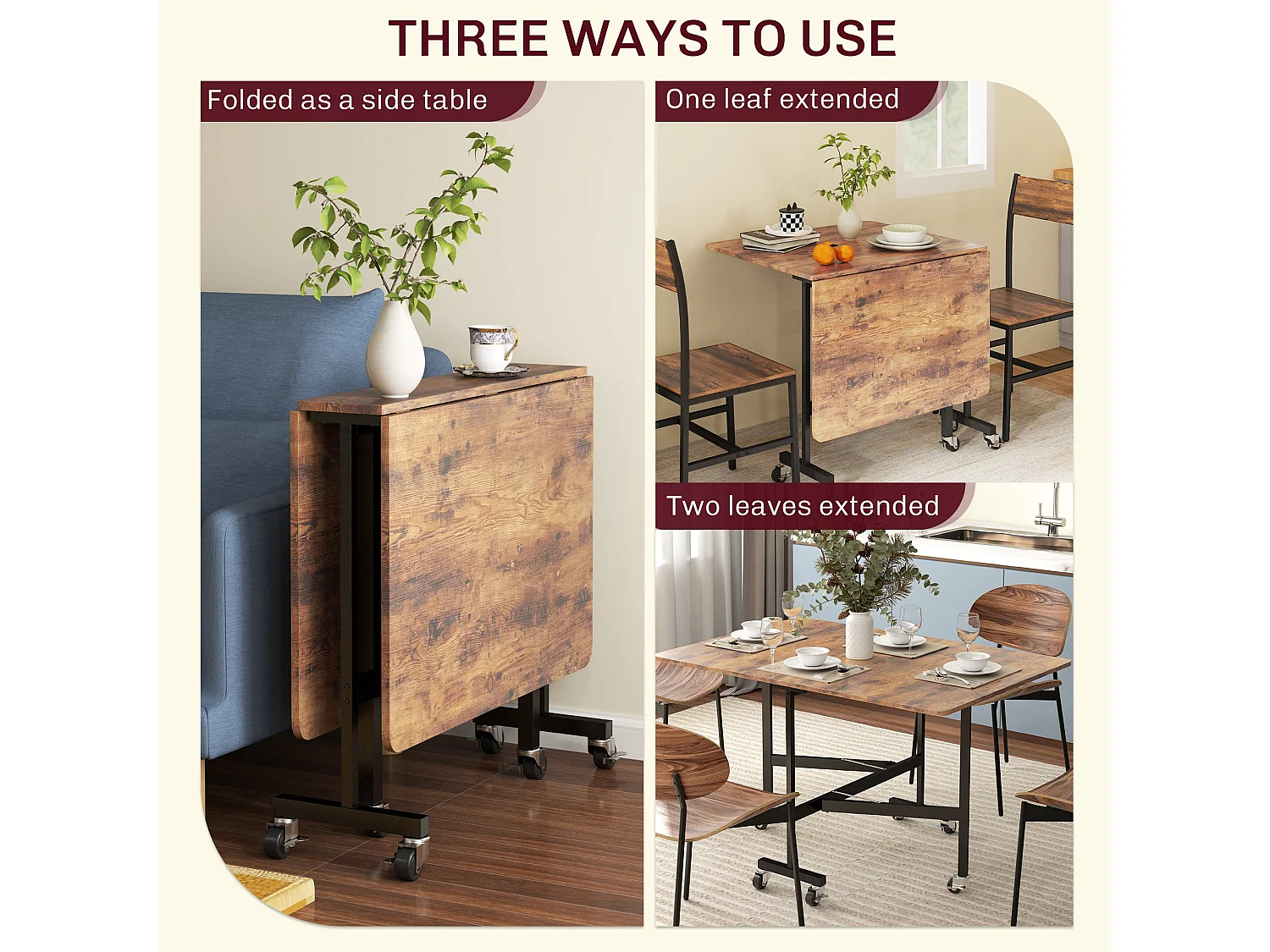 Maro Rustic Brown Wood Effect Drop Leaf Dining Table with Wheels Seats 6
