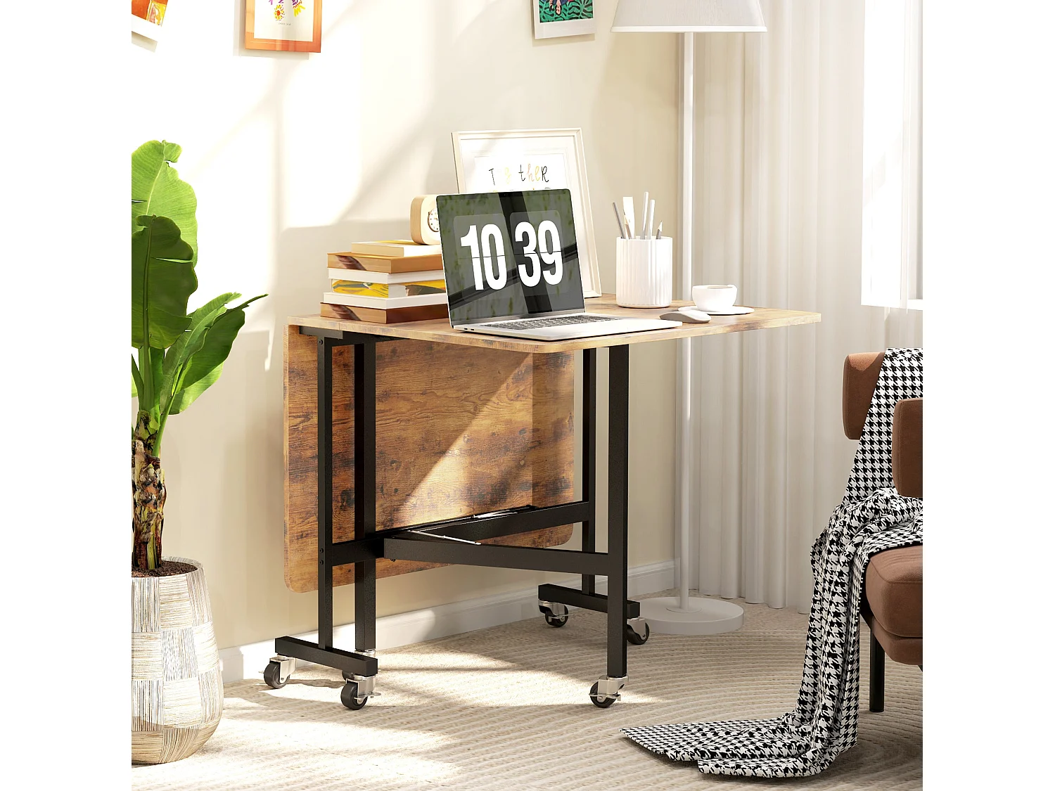 Maro Rustic Brown Wood Effect Drop Leaf Dining Table with Wheels Seats 6