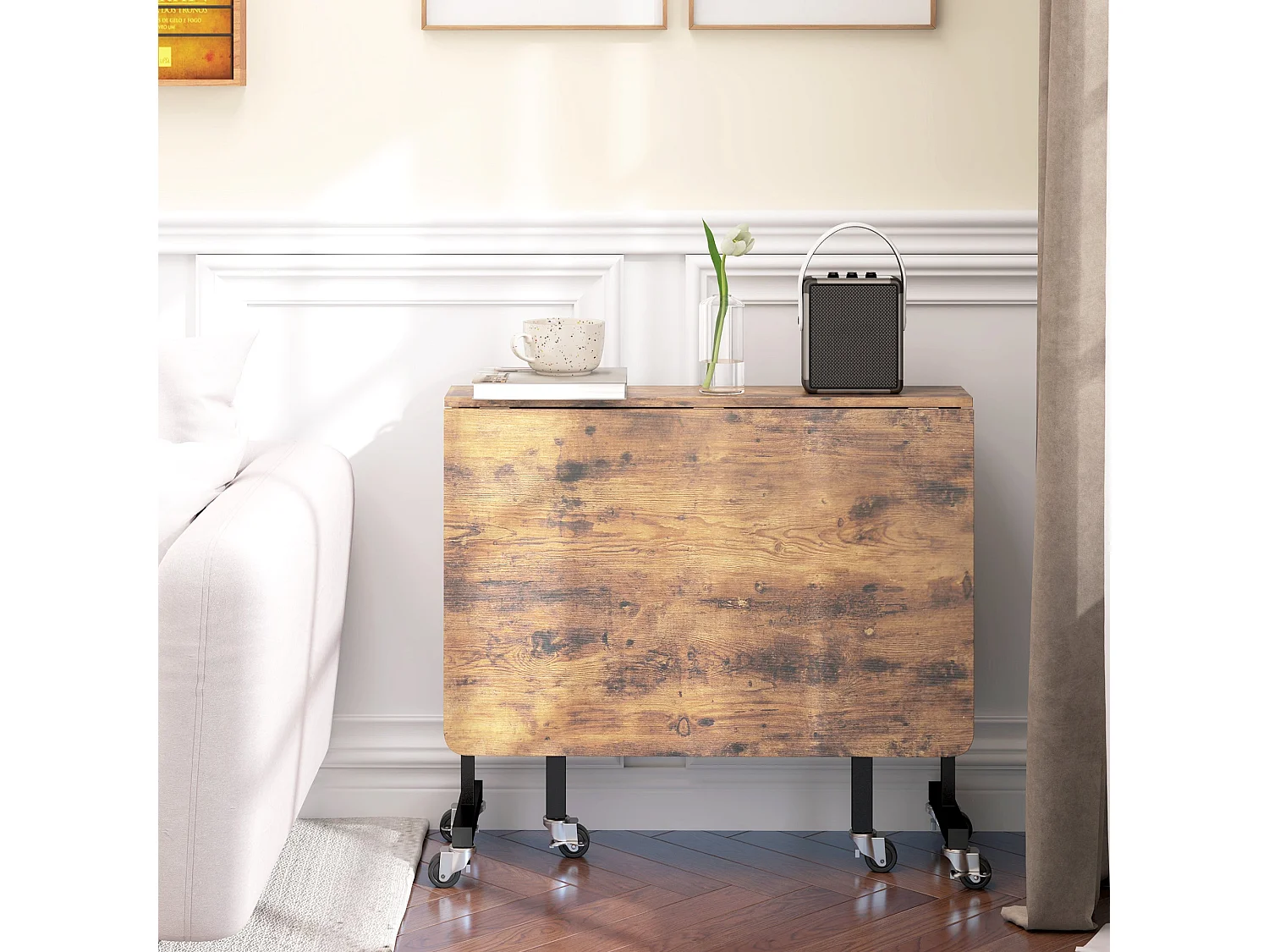 Maro Rustic Brown Wood Effect Drop Leaf Dining Table with Wheels Seats 6