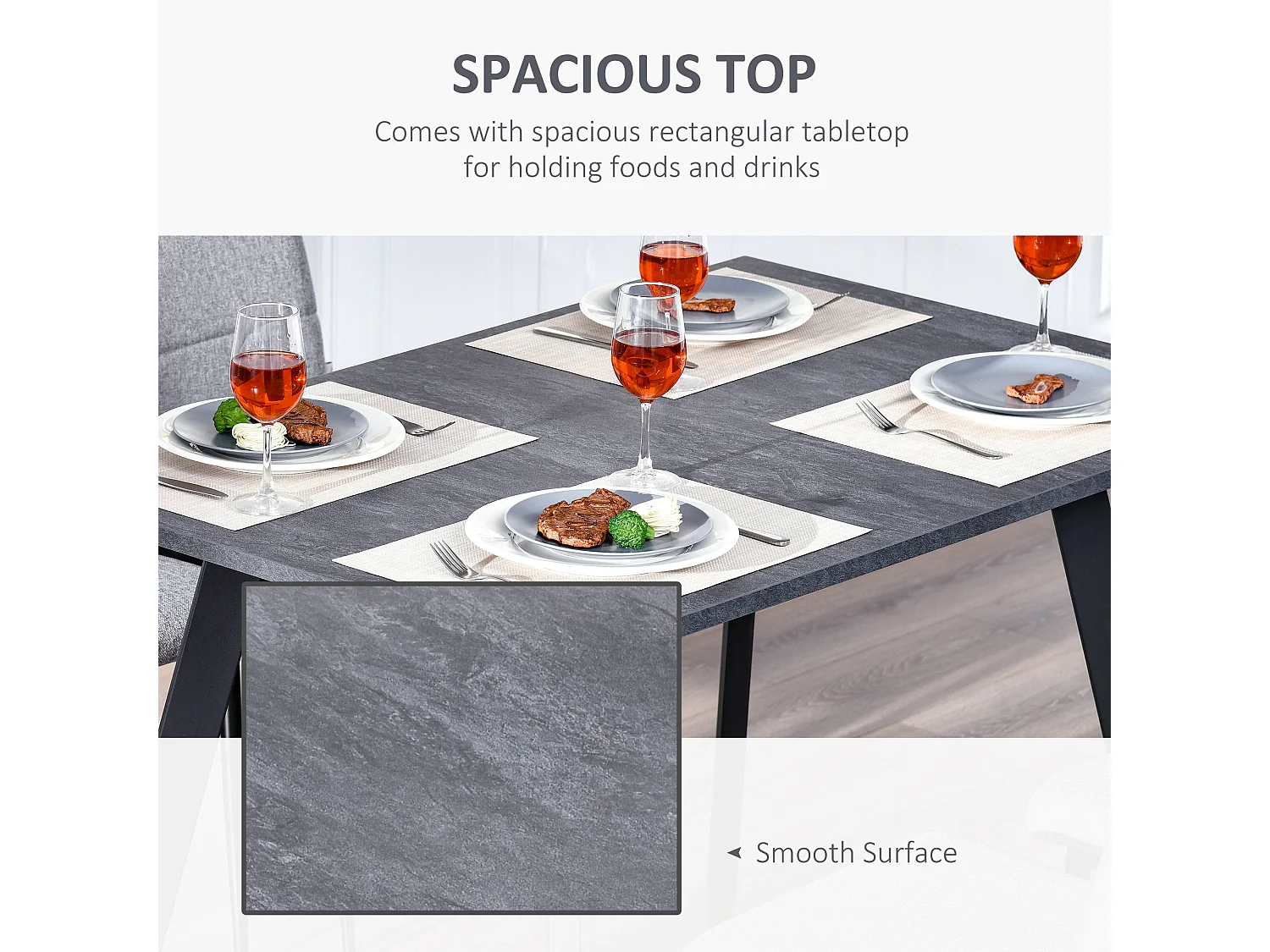 Roreso 120cm Dark Grey Rectangular Dining Table MDF Marble Effect Top Steel Legs