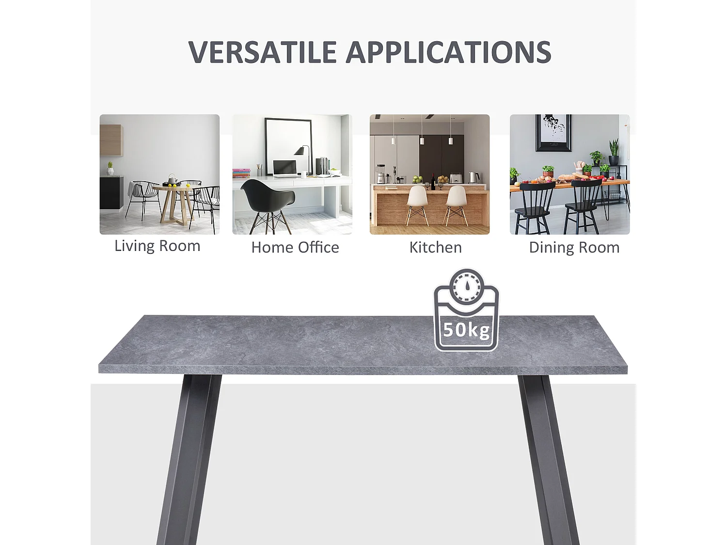 Roreso 120cm Dark Grey Rectangular Dining Table MDF Marble Effect Top Steel Legs
