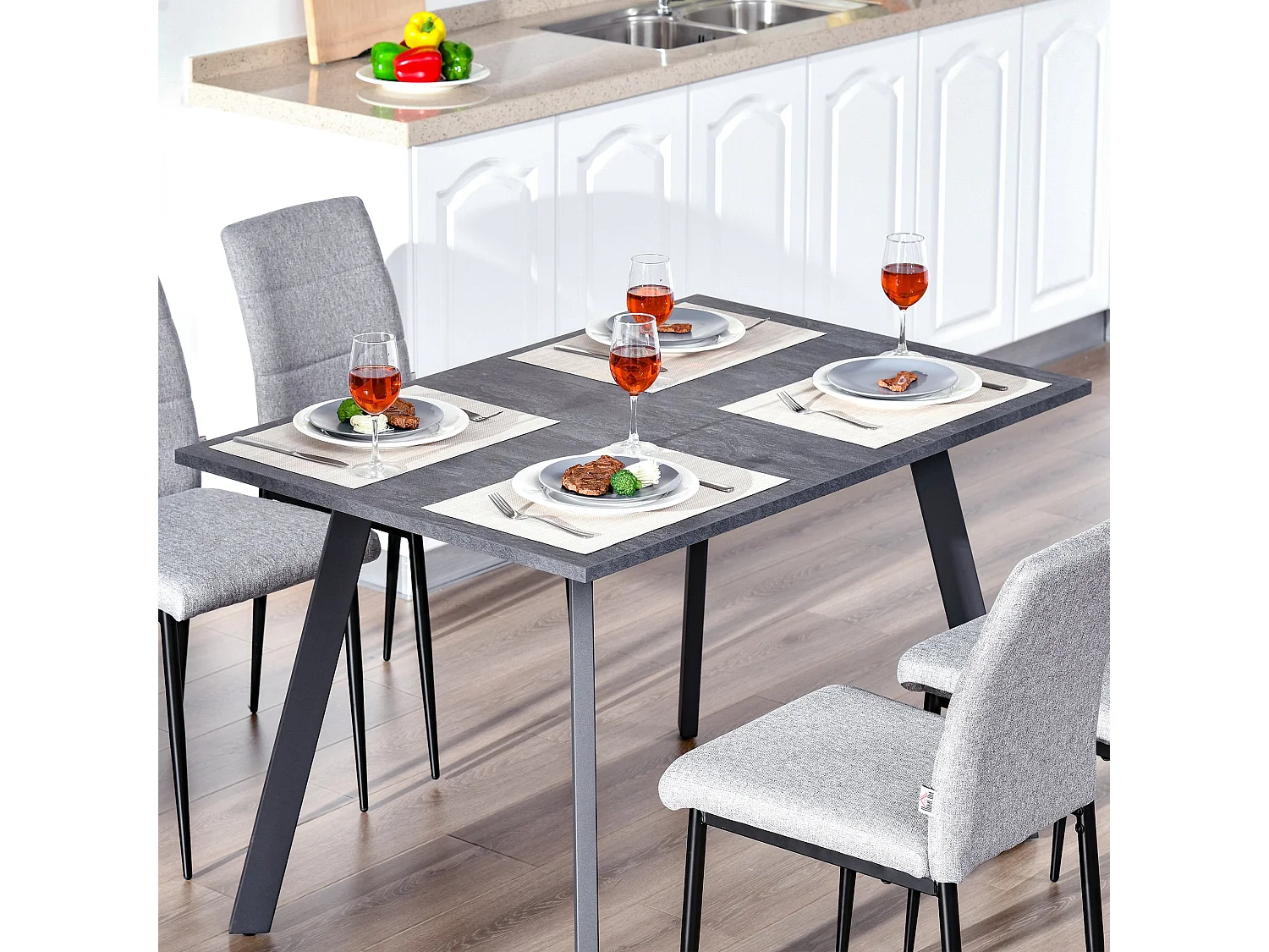 Roreso 120cm Dark Grey Rectangular Dining Table MDF Marble Effect Top Steel Legs