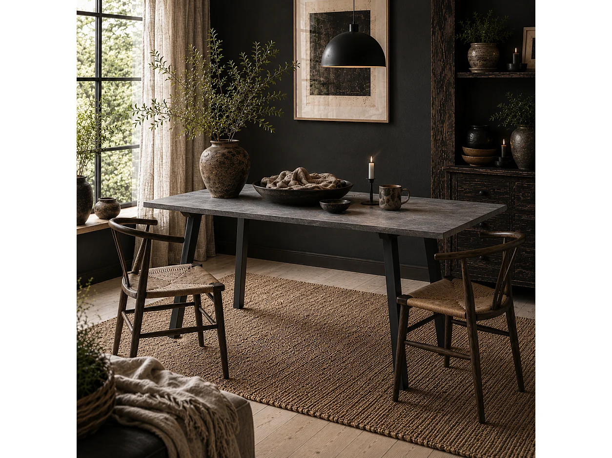 Roreso 120cm Dark Grey Rectangular Dining Table MDF Marble Effect Top Steel Legs