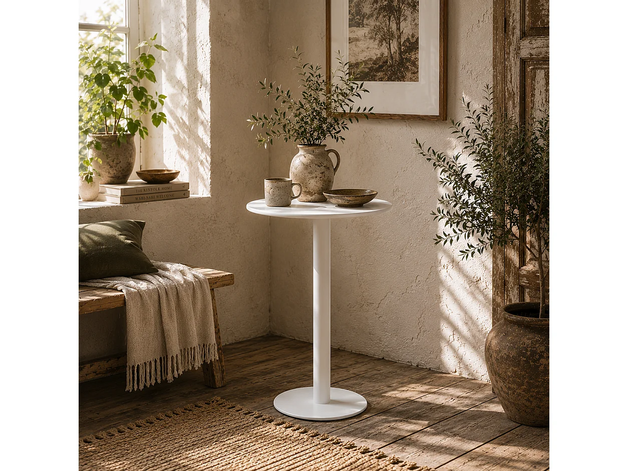 Susuyo Round Dining Table 60 x 72cm Matte White Steel Base Wooden Top