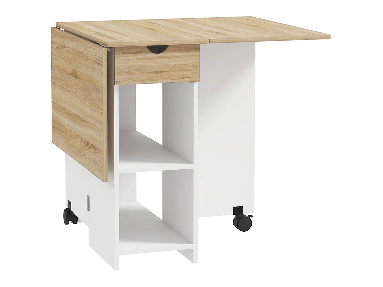 Coyova Oak and White Drop Leaf Dining Table with Drawer and Shelves