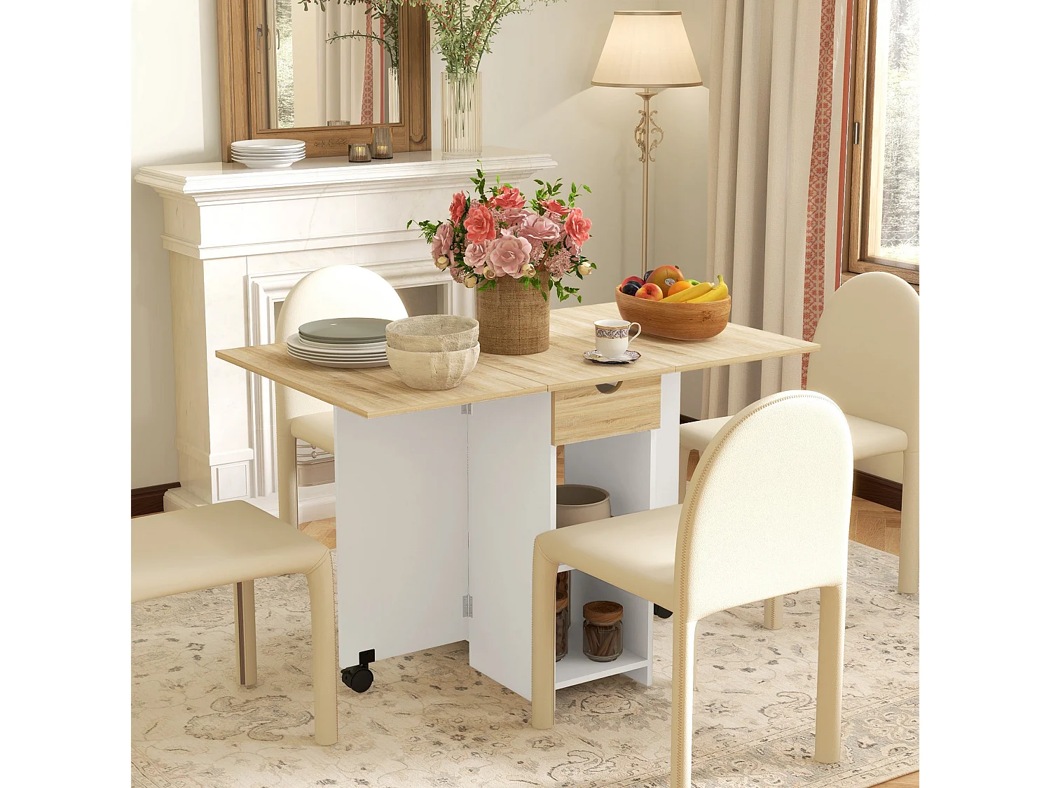 Coyova Oak and White Drop Leaf Dining Table with Drawer and Shelves