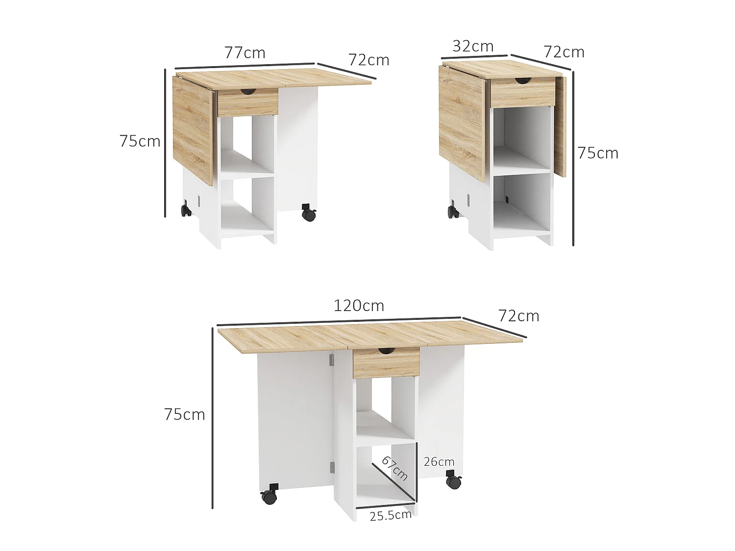 Coyova Oak and White Drop Leaf Dining Table with Drawer and Shelves
